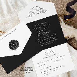 Elegante Schwarz-Weiß-Monogramm-Hochzeit mit UAWG All In One Einladung