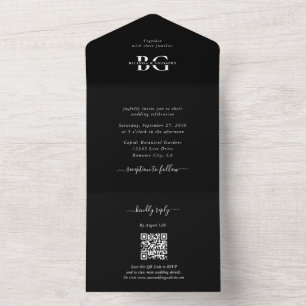 Elegante Schwarz-Weiß-Monogramm-Initialen Hochzeit All In One Einladung