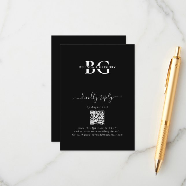 Elegante Schwarz-Weiß-Monogramm-Initialen Hochzeit Begleitkarte (Vorderseite/Rückseite Beispiel)