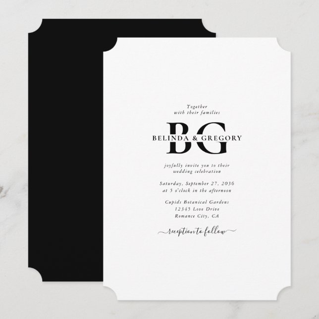 Elegante Schwarz-Weiß-Monogramm-Initialen Hochzeit Einladung (Vorne/Hinten)