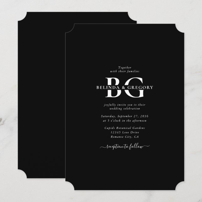 Elegante Schwarz-Weiß-Monogramm-Initialen Hochzeit Einladung (Vorne/Hinten)