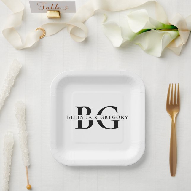 Elegante Schwarz-Weiß-Monogramm-Initialen Hochzeit Pappteller (Hochzeit)