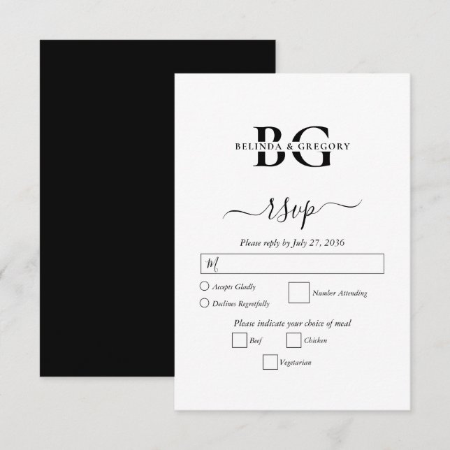 Elegante Schwarz-Weiß-Monogramm-Initialen Hochzeit RSVP Karte (Vorne/Hinten)