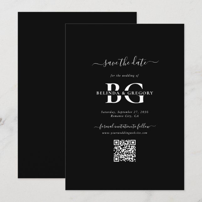 Elegante Schwarz-Weiß-Monogramm-Initialen Hochzeit Save The Date (Vorne/Hinten)