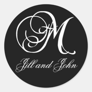 Elegante Schwarz-Weiß-Monogramm-M-Namensaufkleber Runder Aufkleber