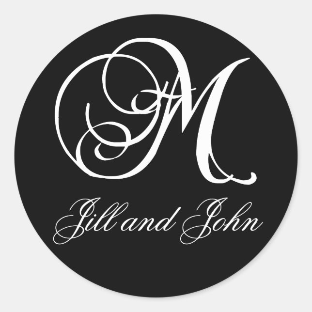 Elegante Schwarz-Weiß-Monogramm-M-Namensaufkleber Runder Aufkleber (Vorderseite)
