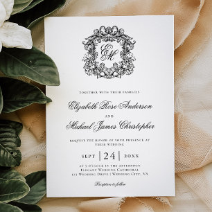 Elegante Schwarz-Weiß-Monogramm-Wappen-Hochzeit Einladung