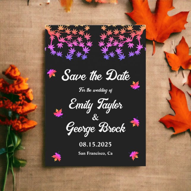 Elegante Schwarz-Weiß-Neon-Blätter Hochzeit im Her Save The Date (Von Creator hochgeladen)