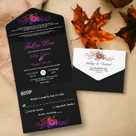 Elegante Schwarz-Weiß-Neon-Foliage-Hochzeit im Her All In One Einladung