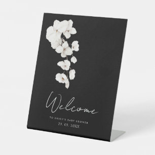Elegante Schwarz-Weiß-Orchideen-Baby-Shower-Willko Sockelschild