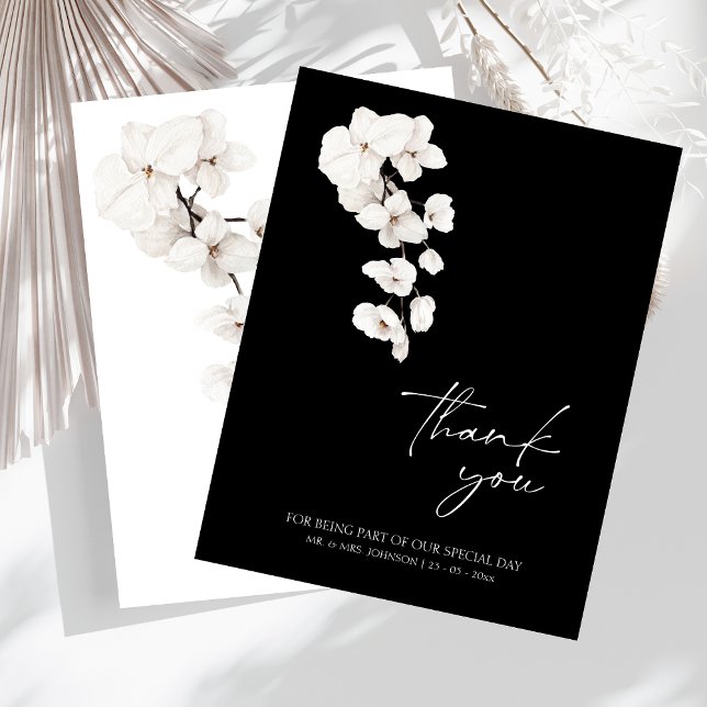 Elegante Schwarz-Weiß-Orchideen Hochzeit Vielen Da Dankeskarte (Modern Black and White Orchids Flowers Wedding Thank You Card)