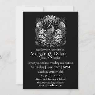 Elegante Schwarz-Weiß-Pfauenblütenhochzeit Einladung