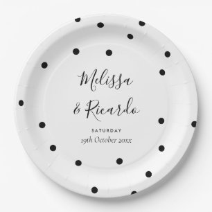 Elegante Schwarz-Weiß-Polka-Punkte-Hochzeit Pappteller