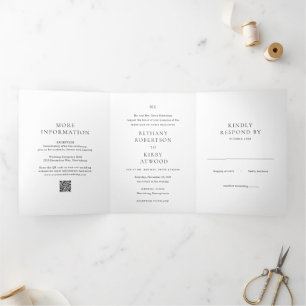 Elegante Schwarz-Weiß-QR-Code-Klassische Hochzeit Dreifach Gefaltete Einladung