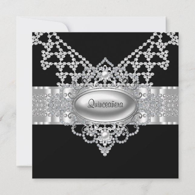 Elegante Schwarz-Weiß-Quinceanera Einladungen (Vorderseite)