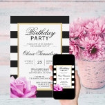 Elegante Schwarz-weiß Rosa Rose Geburtstagsparty Einladung<br><div class="desc">Trendy und modern bearbeitbare Vorlagen laden zum Geburtstagsfest für Mädchen/Frauen in schwarz und weiß Streifen ein. Imitate Goldrahmen mit rosa Rosa an der Ecke. Alle Texte können bearbeitet und geändert werden; Schriftart,  Farbe und Größe. Kontaktieren Sie Designer für weitere Variationen oder Hilfe.</div>