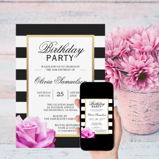 Elegante Schwarz-weiß Rosa Rose Geburtstagsparty Einladung