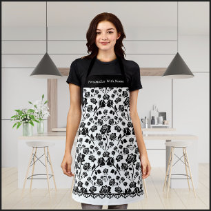 Elegante Schwarz-Weiß-Rosen-Blumen-Schürze Schürze