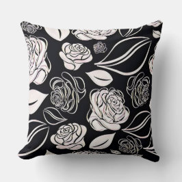 Elegante Schwarz-Weiß-Rosen und Blätter Kissen