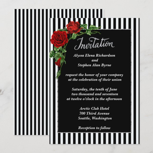 Elegante Schwarz-Weiß-Rote Rose Hochzeit Einladung (Vorne/Hinten)