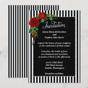 Elegante Schwarz-Weiß-Rote Rose Hochzeit Einladung