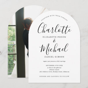Elegante Schwarz-Weiß-Script-Foto-Bogen-Hochzeit Einladung