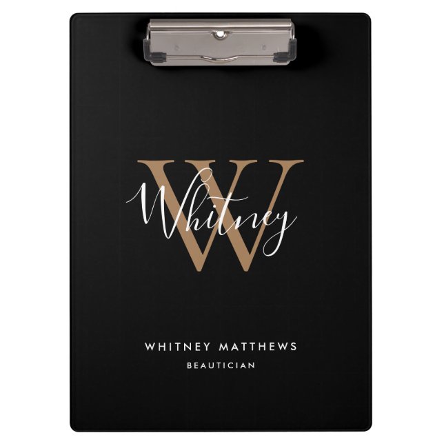 Elegante Schwarz-Weiß-Script-Monogram-Zwischenabla Klemmbrett (Vorderseite)