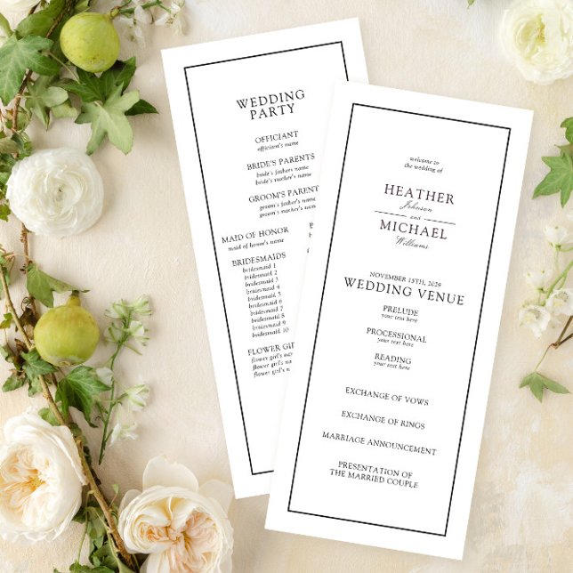 Elegante Schwarz-Weiß-Script-Typografie Hochzeit Programm (Easily create a wedding program to match your formal invitation suite!)