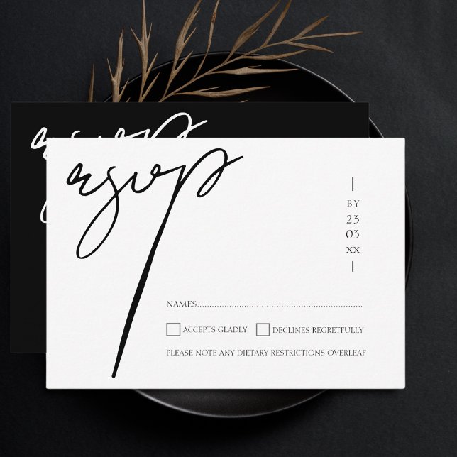 Elegante Schwarz-Weiß-Script-Typografie-Hochzeit RSVP Karte (Von Creator hochgeladen)