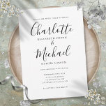Elegante Schwarz-Weiß-Signatur-Skripte Hochzeit Einladung<br><div class="desc">Diese elegante Schwarz-Weiß-Hochzeitseinladung mit ihren charakteristischen Stilnamen kann mit Ihren Informationen in schicker Schrift personalisiert werden. Entwickelt von Thisisnotme©</div>
