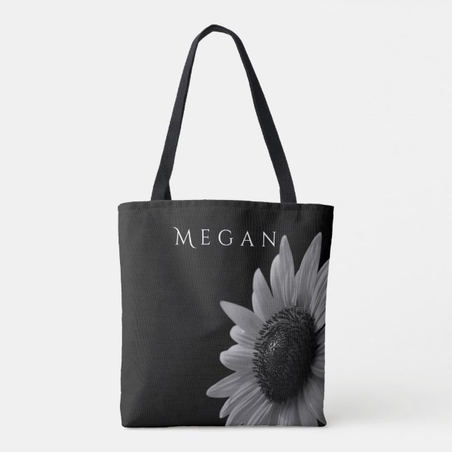 Elegante Schwarz-Weiß-Sonnenblumen Ihren Namen zuw Tasche (Rückseite)