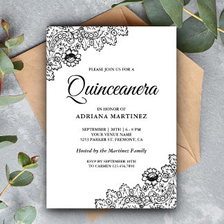 Elegante Schwarz-Weiß-Spitzen-Quinceanera Einladung