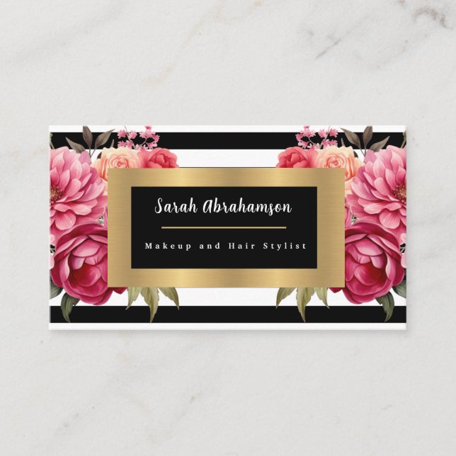 Elegante Schwarz-Weiß-Streifen, floral Visitenkarte (Vorderseite)