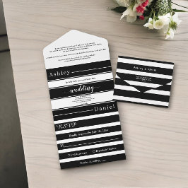 Elegante Schwarz-Weiß-Streifen Moderne Hochzeit All In One Einladung