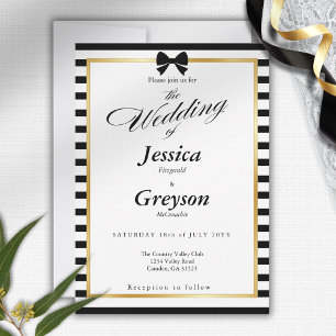 Elegante Schwarz-weiß Stripe-Goldrahmen-Hochzeit Einladung