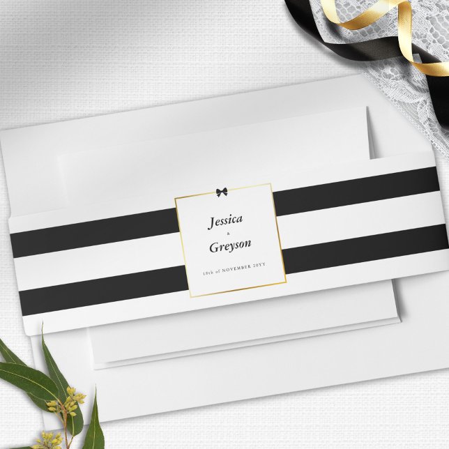 Elegante Schwarz-weiß Stripe-Goldrahmen-Hochzeit Einladungsbanderole (Von Creator hochgeladen)