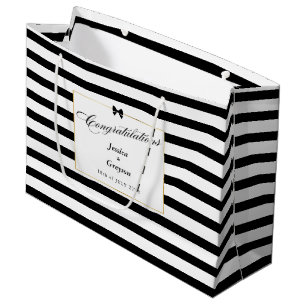Elegante Schwarz-weiß Stripe-Goldrahmen-Hochzeit Große Geschenktüte