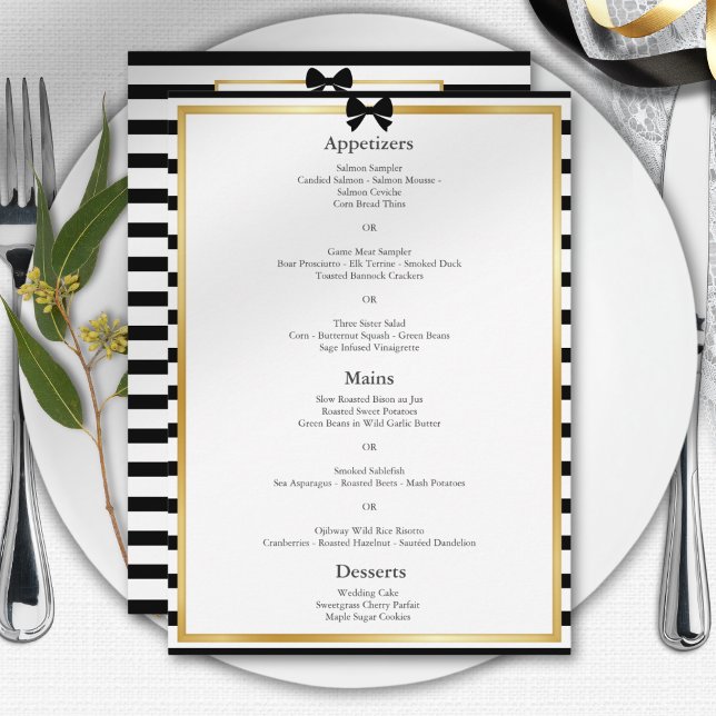 Elegante Schwarz-weiß Stripe-Goldrahmen-Hochzeit Menükarte (Von Creator hochgeladen)