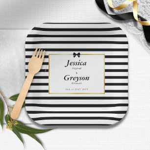 Elegante Schwarz-weiß Stripe-Goldrahmen-Hochzeit Pappteller