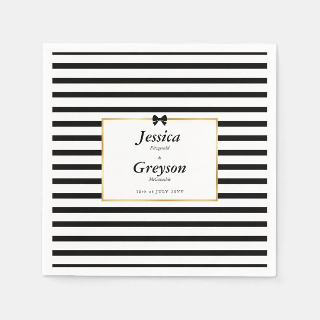 Elegante Schwarz-weiß Stripe-Goldrahmen-Hochzeit Serviette (Vorderseite)