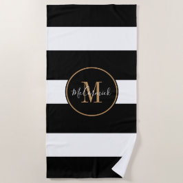 Elegante Schwarz-weiß Stripes Gold Monogramm Name Strandtuch