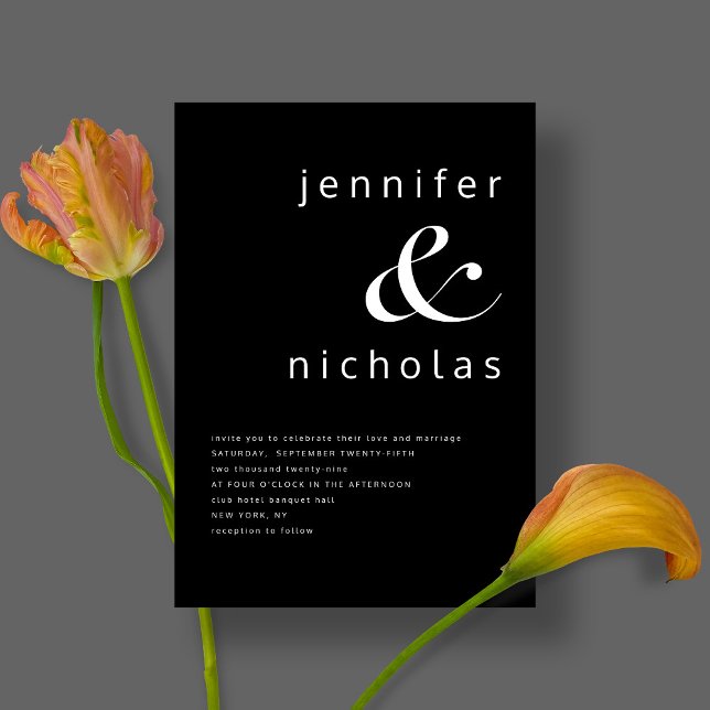 Elegante Schwarz-Weiß-Typografie Einladung (Front / Elegant Black Ampersand Typography Wedding Invitation)