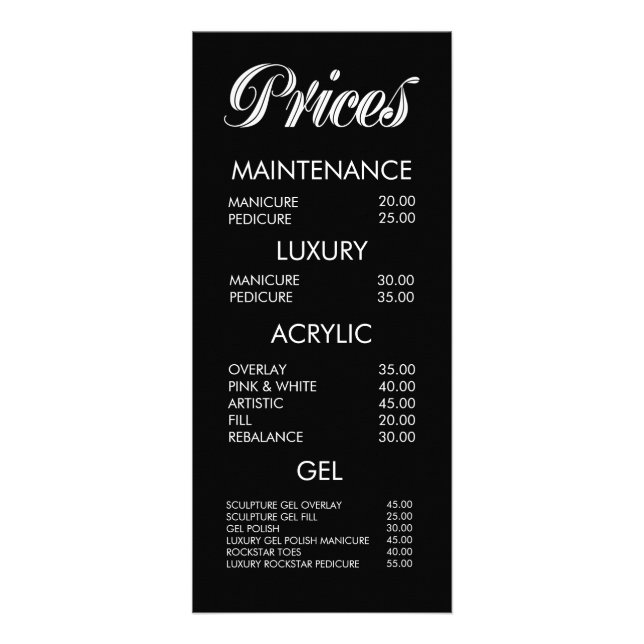 Elegante Schwarz-Weiß-Typografie-Salon-Menü-Karten Werbekarte (Vorne)