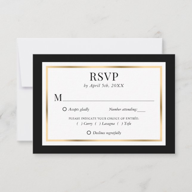 Elegante Schwarz-weiß- und Goldhochzeit RSVP Karte (Vorderseite)