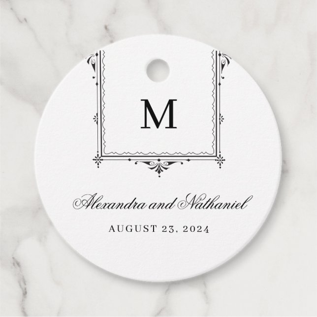 Elegante Schwarz-Weiß-Vintage Monogram-Geschenktas Geschenkanhänger (Vorderseite)