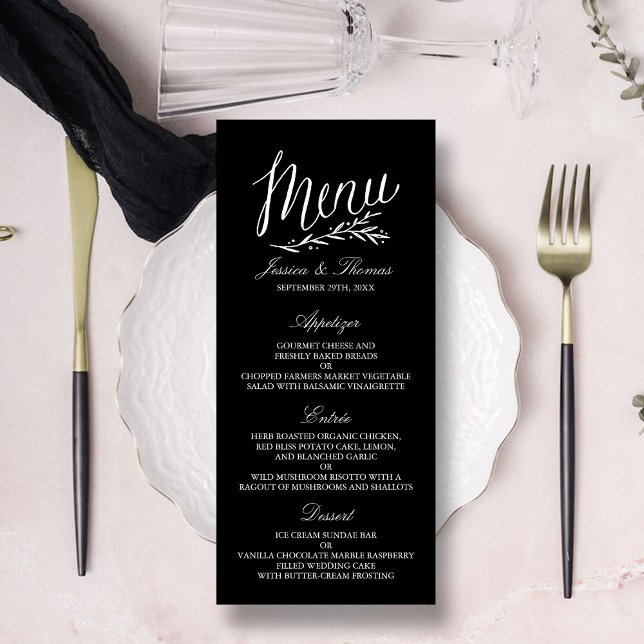 Elegante Schwarz-Weiß-Vorlagen zum Hochzeitsmenü Werbekarte (Von Creator hochgeladen)
