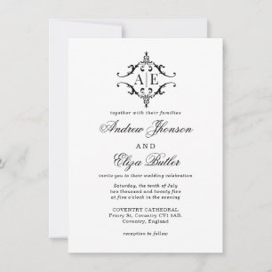 Elegante Schwarz-Weiß-Wappen-Monogramm-Hochzeit Einladung