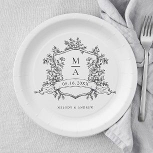 Elegante Schwarz-Weiß-Wappen-Monogramm-Hochzeit Pappteller