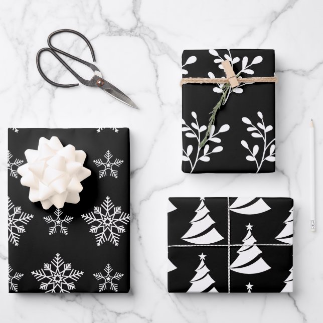 Elegante Schwarz-Weiß-Weihnachtselemente Geschenkpapier Set (Vorderseite)