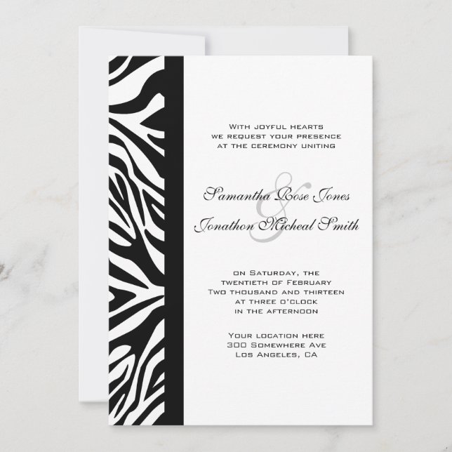 Elegante Schwarz-Weiß-Zebra-Hochzeit Einladung (Vorderseite)